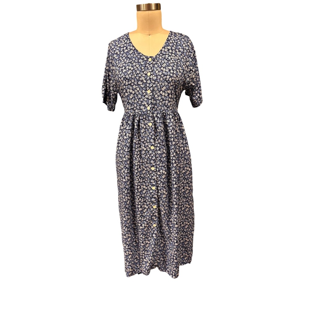 Floral Jennifer Moore Button Front Midi Dress Pockets Size M Blue Vintage